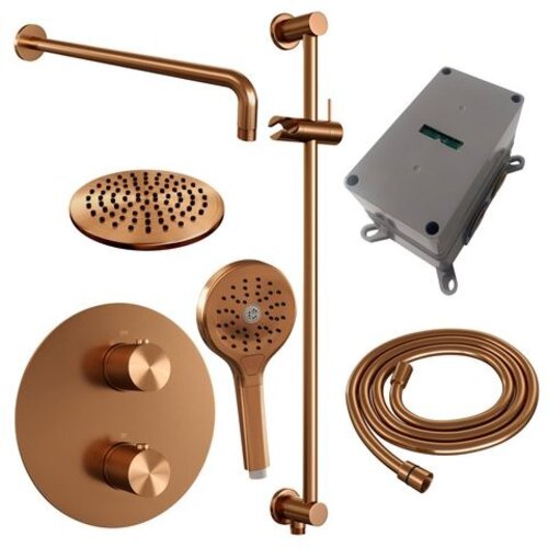 Brauer Brauer Copper Carving thermostatische inbouw regendouche 3-weg rond SET 93 met 20 cm douchekop en gebogen muurarm en 3-standen handdouche en doucheslang en geïntegreerde glijstang koper geborsteld PVD | Geborsteld koper PVD | 20cm | Ja | Gebogen wandarm |