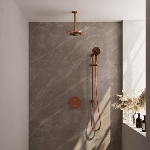 Brauer Brauer Copper Carving thermostatische inbouw regendouche 3-weg rond SET 95 met 20 cm douchekop en plafondarm en 3-standen handdouche en doucheslang en geïntegreerde glijstang koper geborsteld PVD | Geborsteld koper PVD | 20cm | Ja | Plafondbuis | 3-stande