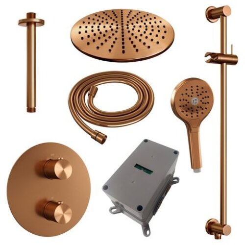 Brauer Brauer Copper Carving thermostatische inbouw regendouche 3-weg rond SET 96 met 30 cm douchekop en plafondarm en 3-standen handdouche en doucheslang en geïntegreerde glijstang koper geborsteld PVD | Geborsteld koper PVD | 30cm | Ja | Plafondbuis | 3-stande