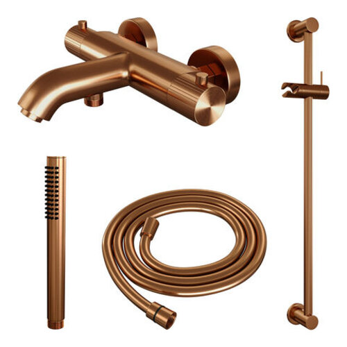Brauer Brauer Stripe opbouw baddouche thermostaatkraan SET 01 met glijstang en staaf handdouche en doucheslang koper geborsteld PVD | Geborsteld koper PVD | Staafmodel