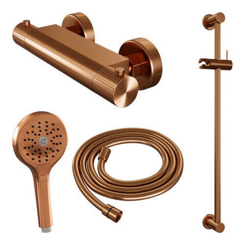 Brauer Stripe opbouw douche thermostaatkraan SET 02 met glijstang en 3-standen handdouche en doucheslang koper geborsteld PVD | Geborsteld koper PVD | 3-standen handdouche Brauer Brauer Stripe opbouw douche thermostaatkraan SET 02 met glijstang en 3-standen handdouche en doucheslang koper geborsteld PVD | Geborsteld koper PVD | 3-standen handdouche