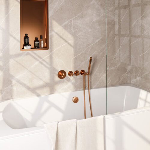 Brauer Brauer Stripe thermostatische inbouw badkraan SET 01 met badvulcombinatie en staaf handdouche en doucheslang en wandaansluitbocht koper geborsteld PVD | Geborsteld koper PVD | Staafmodel