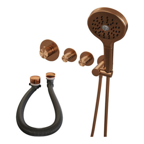 Brauer Brauer Stripe thermostatische inbouw badkraan SET 02 met badvulcombinatie en 3-standen handdouche en doucheslang en wandaansluitbocht koper geborsteld PVD | Geborsteld koper PVD | 3-standen handdouche