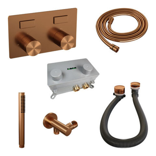 Brauer Brauer Stripe thermostatische inbouw badkraan met drukknoppen SET 03 met badvulcombinatie en staaf handdouche en doucheslang en wandaansluitbocht koper geborsteld PVD | Geborsteld koper PVD | Staafmodel
