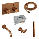 Brauer Brauer Stripe thermostatische inbouw badkraan met drukknoppen SET 03 met uitloop en staaf handdouche en doucheslang en wandaansluitbocht koper geborsteld PVD | Geborsteld koper PVD | Staafmodel