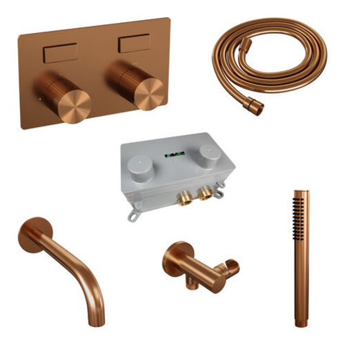 Brauer Brauer Stripe thermostatische inbouw badkraan met drukknoppen SET 03 met uitloop en staaf handdouche en doucheslang en wandaansluitbocht koper geborsteld PVD | Geborsteld koper PVD | Staafmodel