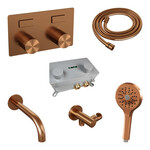Brauer Brauer Stripe thermostatische inbouw badkraan met drukknoppen SET 04 met uitloop en 3-standen handdouche en doucheslang en wandaansluitbocht koper geborsteld PVD | Geborsteld koper PVD | 3-standen handdouche