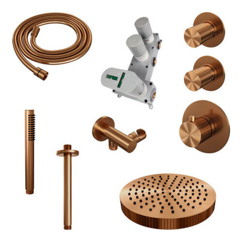 Brauer Stripe thermostatische inbouw regendouche SET 03 met 25 cm douchekop en plafondarm en staaf handdouche en doucheslang en wandaansluitbocht koper geborsteld PVD | Geborsteld koper PVD | Nee | Plafondbuis | Staafhanddouche Brauer Brauer Stripe thermostatische inbouw regendouche SET 03 met 25 cm douchekop en plafondarm en staaf handdouche en doucheslang en wandaansluitbocht koper geborsteld PVD | Geborsteld koper PVD | Nee | Plafondbuis | Staafhanddouche