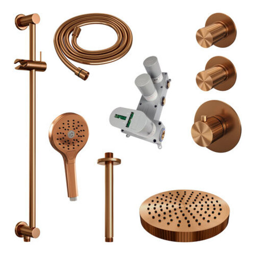 Brauer Stripe thermostatische inbouw regendouche SET 12 met 25 cm douchekop en plafondarm en 3-standen handdouche en doucheslang en geïntegreerde glijstang koper geborsteld PVD | Geborsteld koper PVD | Ja | Plafondbuis | 3-standen handdouche Brauer Brauer Stripe thermostatische inbouw regendouche SET 12 met 25 cm douchekop en plafondarm en 3-standen handdouche en doucheslang en geïntegreerde glijstang koper geborsteld PVD | Geborsteld koper PVD | Ja | Plafondbuis | 3-standen handdouche