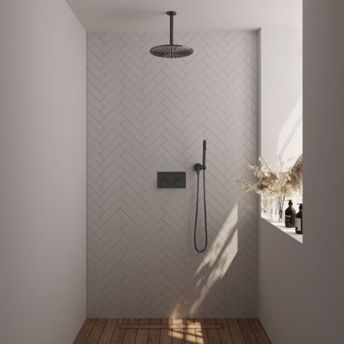 Brauer Brauer Gunmetal Carving thermostatische inbouw regendouche met drukknoppen SET 54 met 30 cm douchekop en plafondarm en staaf handdouche en doucheslang en wandaansluitbocht gunmetal geborsteld PVD | Geborsteld gunmetal PVD | 30cm | Nee | Plafondbuis | Staa