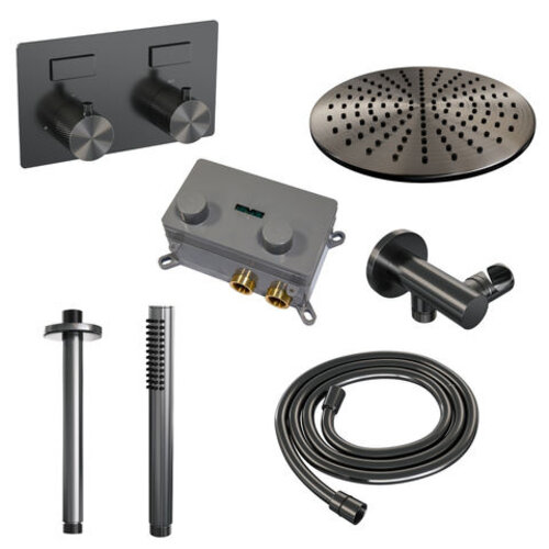 Brauer Brauer Gunmetal Carving thermostatische inbouw regendouche met drukknoppen SET 54 met 30 cm douchekop en plafondarm en staaf handdouche en doucheslang en wandaansluitbocht gunmetal geborsteld PVD | Geborsteld gunmetal PVD | 30cm | Nee | Plafondbuis | Staa