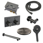Brauer Brauer Gunmetal Carving thermostatische inbouw regendouche met drukknoppen SET 55 met 20 cm douchekop en rechte muurarm en 3-standen handdouche en doucheslang en wandaansluitbocht gunmetal geborsteld PVD | Geborsteld gunmetal PVD | 20cm | Nee | Rechte wan