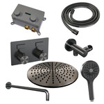 Brauer Brauer Gunmetal Carving thermostatische inbouw regendouche met drukknoppen SET 58 met 30 cm douchekop en gebogen muurarm en 3-standen handdouche en doucheslang en wandaansluitbocht gunmetal geborsteld PVD | Geborsteld gunmetal PVD | 30cm | Nee | Gebogen w