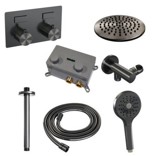 Brauer Brauer Gunmetal Carving thermostatische inbouw regendouche met drukknoppen SET 59 met 20 cm douchekop en plafondarm en 3-standen handdouche en doucheslang en wandaansluitbocht gunmetal geborsteld PVD | Geborsteld gunmetal PVD | 20cm | Nee | Plafondbuis |