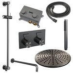 Brauer Brauer Gunmetal Carving thermostatische inbouw regendouche met drukknoppen SET 64 met 30 cm douchekop en gebogen muurarm en staaf handdouche en doucheslang en geïntegreerde glijstang gunmetal geborsteld PVD | Geborsteld gunmetal PVD | 30cm | Ja | Gebogen