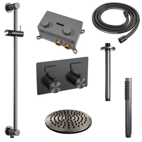 Brauer Brauer Gunmetal Carving thermostatische inbouw regendouche met drukknoppen SET 65 met 20 cm douchekop en plafondarm en staaf handdouche en doucheslang en geïntegreerde glijstang gunmetal geborsteld PVD | Geborsteld gunmetal PVD | 20cm | Ja | Plafondbuis |
