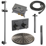 Brauer Brauer Gunmetal Carving thermostatische inbouw regendouche met drukknoppen SET 66 met 30 cm douchekop en plafondarm en staaf handdouche en doucheslang en geïntegreerde glijstang gunmetal geborsteld PVD | Geborsteld gunmetal PVD | 30cm | Ja | Plafondbuis |