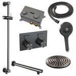 Brauer Brauer Gunmetal Carving thermostatische inbouw regendouche met drukknoppen SET 67 met 20 cm douchekop en rechte muurarm en 3-standen handdouche en doucheslang en geïntegreerde glijstang gunmetal geborsteld PVD | Geborsteld gunmetal PVD | 20cm | Ja | Recht