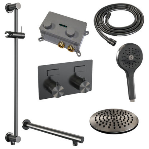 Brauer Brauer Gunmetal Carving thermostatische inbouw regendouche met drukknoppen SET 67 met 20 cm douchekop en rechte muurarm en 3-standen handdouche en doucheslang en geïntegreerde glijstang gunmetal geborsteld PVD | Geborsteld gunmetal PVD | 20cm | Ja | Recht