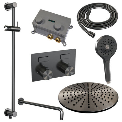 Brauer Brauer Gunmetal Carving thermostatische inbouw regendouche met drukknoppen SET 70 met 30 cm douchekop en gebogen muurarm en 3-standen handdouche en doucheslang en geïntegreerde glijstang gunmetal geborsteld PVD | Geborsteld gunmetal PVD | 30cm | Ja | Gebo