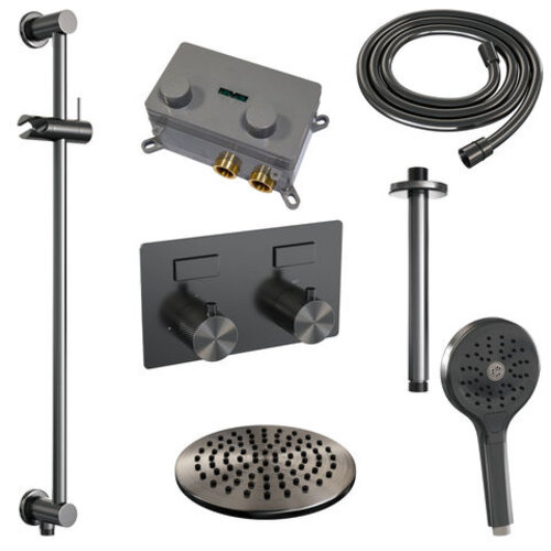 Brauer Brauer Gunmetal Carving thermostatische inbouw regendouche met drukknoppen SET 71 met 20 cm douchekop en plafondarm en 3-standen handdouche en doucheslang en geïntegreerde glijstang gunmetal geborsteld PVD | Geborsteld gunmetal PVD | 20cm | Ja | Plafondbu