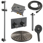 Brauer Brauer Gunmetal Carving thermostatische inbouw regendouche met drukknoppen SET 72 met 30 cm douchekop en plafondarm en 3-standen handdouche en doucheslang en geïntegreerde glijstang gunmetal geborsteld PVD | Geborsteld gunmetal PVD | 30cm | Ja | Plafondbu