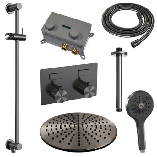 Brauer Brauer Gunmetal Carving thermostatische inbouw regendouche met drukknoppen SET 72 met 30 cm douchekop en plafondarm en 3-standen handdouche en doucheslang en geïntegreerde glijstang gunmetal geborsteld PVD | Geborsteld gunmetal PVD | 30cm | Ja | Plafondbu