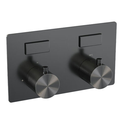 Brauer Gunmetal Carving thermostatische inbouw badkraan met drukknoppen SET 03 met uitloop en staaf handdouche en doucheslang en wandaansluitbocht gunmetal geborsteld PVD | Geborsteld gunmetal PVD | Staafhanddouche Brauer Brauer Gunmetal Carving thermostatische inbouw badkraan met drukknoppen SET 03 met uitloop en staaf handdouche en doucheslang en wandaansluitbocht gunmetal geborsteld PVD | Geborsteld gunmetal PVD | Staafhanddouche