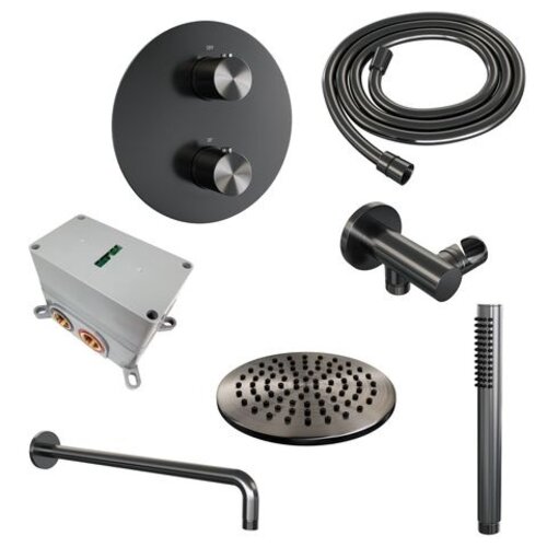 Brauer Brauer Gunmetal Edition thermostatische inbouw regendouche 3-weg rond SET 75 met 20 cm douchekop en gebogen muurarm en staaf handdouche en doucheslang en wandaansluitbocht gunmetal geborsteld PVD | Geborsteld gunmetal PVD | 20cm | Nee | Gebogen wandarm |
