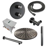 Brauer Brauer Gunmetal Carving thermostatische inbouw regendouche 3-weg rond SET 74 met 30 cm douchekop en rechte muurarm en staaf handdouche en doucheslang en wandaansluitbocht gunmetal geborsteld PVD | Geborsteld gunmetal PVD | 30cm | Nee | Rechte wandarm | St