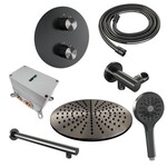 Brauer Brauer Gunmetal Carving thermostatische inbouw regendouche 3-weg rond SET 80 met 30 cm douchekop en rechte muurarm en 3-standen handdouche en doucheslang en wandaansluitbocht gunmetal geborsteld PVD | Geborsteld gunmetal PVD | 30cm | Nee | Rechte wandarm