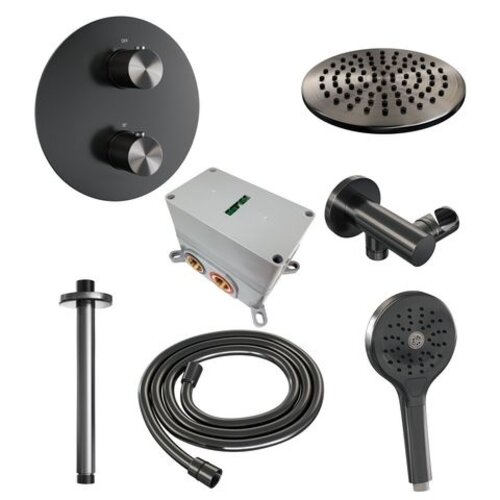 Brauer Brauer Gunmetal Carving thermostatische inbouw regendouche 3-weg rond SET 83 met 20 cm douchekop en plafondarm en 3-standen handdouche en doucheslang en wandaansluitbocht gunmetal geborsteld PVD | Geborsteld gunmetal PVD | 20cm | Nee | Plafondbuis | 3-sta