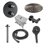 Brauer Brauer Gunmetal Carving thermostatische inbouw regendouche 3-weg rond SET 84 met 30 cm douchekop en plafondarm en 3-standen handdouche en doucheslang en wandaansluitbocht gunmetal geborsteld PVD | Geborsteld gunmetal PVD | 30cm | Nee | Plafondbuis | 3-sta