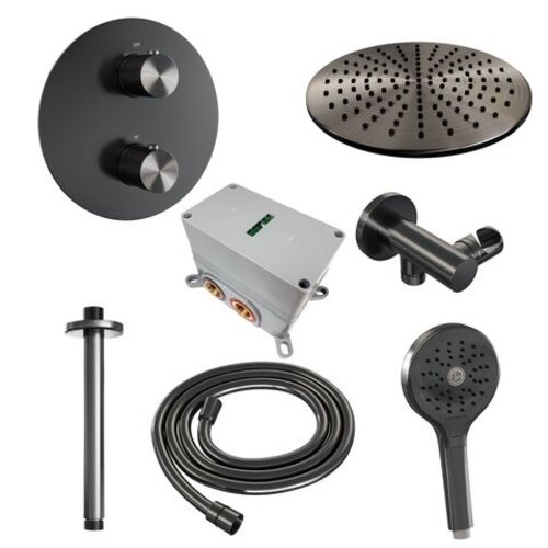 Brauer Brauer Gunmetal Carving thermostatische inbouw regendouche 3-weg rond SET 84 met 30 cm douchekop en plafondarm en 3-standen handdouche en doucheslang en wandaansluitbocht gunmetal geborsteld PVD | Geborsteld gunmetal PVD | 30cm | Nee | Plafondbuis | 3-sta