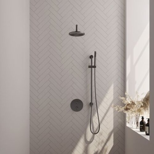 Brauer Brauer Gunmetal Carving thermostatische inbouw regendouche 3-weg rond SET 87 met 20 cm douchekop en gebogen muurarm en staaf handdouche en doucheslang en geïntegreerde glijstang gunmetal geborsteld PVD | Geborsteld gunmetal PVD | 20cm | Ja | Gebogen wanda