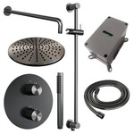 Brauer Brauer Gunmetal Carving thermostatische inbouw regendouche 3-weg rond SET 88 met 30 cm douchekop en gebogen muurarm en staaf handdouche en doucheslang en geïntegreerde glijstang gunmetal geborsteld PVD | Geborsteld gunmetal PVD | 30cm | Ja | Gebogen wanda