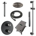 Brauer Brauer Gunmetal Carving thermostatische inbouw regendouche 3-weg rond SET 89 met 20 cm douchekop en plafondarm en staaf handdouche en doucheslang en geïntegreerde glijstang gunmetal geborsteld PVD | Geborsteld gunmetal PVD | 20cm | Ja | Plafondbuis | Staa