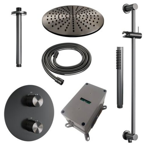 Brauer Brauer Gunmetal Carving thermostatische inbouw regendouche 3-weg rond SET 90 met 30 cm douchekop en plafondarm en staaf handdouche en doucheslang en geïntegreerde glijstang gunmetal geborsteld PVD | Geborsteld gunmetal PVD | 30cm | Ja | Plafondbuis | Staa