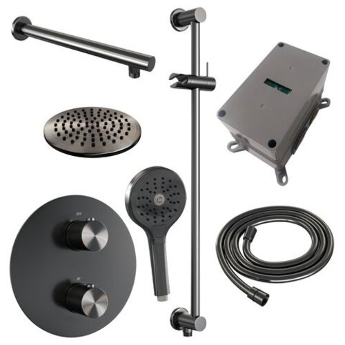Brauer Brauer Gunmetal Carving thermostatische inbouw regendouche 3-weg rond SET 91 met 20 cm douchekop en rechte muurarm en 3-standen handdouche en doucheslang en geïntegreerde glijstang gunmetal geborsteld PVD | Geborsteld gunmetal PVD | 20cm | Ja | Rechte wan