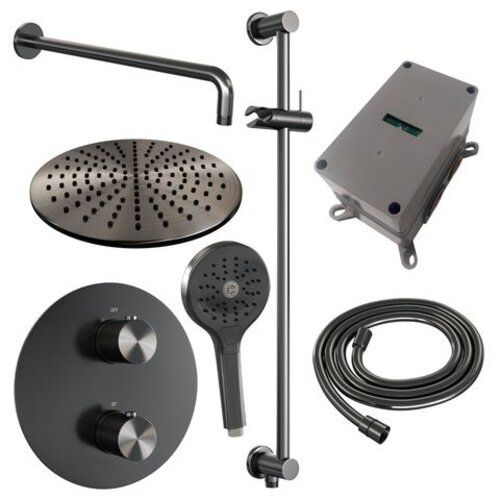 Brauer Brauer Gunmetal Carving thermostatische inbouw regendouche 3-weg rond SET 94 met 30 cm douchekop en gebogen muurarm en 3-standen handdouche en doucheslang en geïntegreerde glijstang gunmetal geborsteld PVD | Geborsteld gunmetal PVD | 30cm | Ja | Gebogen w