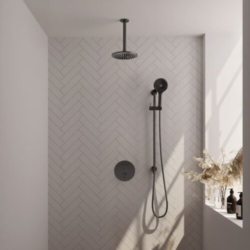 Brauer Brauer Gunmetal Carving thermostatische inbouw regendouche 3-weg rond SET 95 met 20 cm douchekop en plafondarm en 3-standen handdouche en doucheslang en geïntegreerde glijstang gunmetal geborsteld PVD | Geborsteld gunmetal PVD | 20cm | Ja | Plafondbuis |