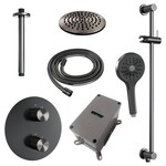 Brauer Brauer Gunmetal Carving thermostatische inbouw regendouche 3-weg rond SET 95 met 20 cm douchekop en plafondarm en 3-standen handdouche en doucheslang en geïntegreerde glijstang gunmetal geborsteld PVD | Geborsteld gunmetal PVD | 20cm | Ja | Plafondbuis |