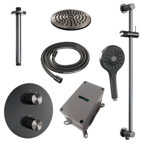 Brauer Brauer Gunmetal Carving thermostatische inbouw regendouche 3-weg rond SET 95 met 20 cm douchekop en plafondarm en 3-standen handdouche en doucheslang en geïntegreerde glijstang gunmetal geborsteld PVD | Geborsteld gunmetal PVD | 20cm | Ja | Plafondbuis |