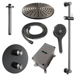 Brauer Brauer Gunmetal Carving thermostatische inbouw regendouche 3-weg rond SET 96 met 30 cm douchekop en plafondarm en 3-standen handdouche en doucheslang en geïntegreerde glijstang gunmetal geborsteld PVD | Geborsteld gunmetal PVD | 30cm | Ja | Plafondbuis |