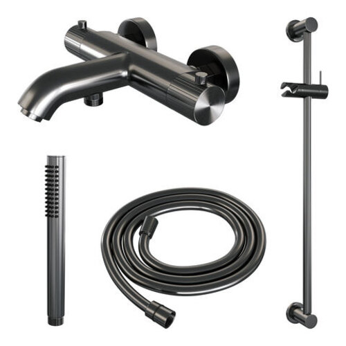 Brauer Brauer Stripe opbouw baddouche thermostaatkraan SET 01 met glijstang en staaf handdouche en doucheslang gunmetal geborsteld PVD | Geborsteld gunmetal PVD | Staafmodel