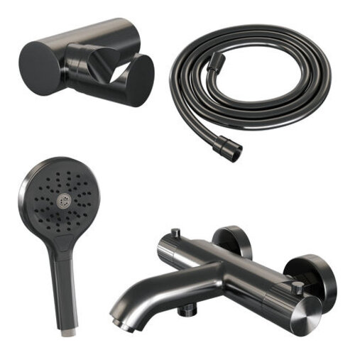 Brauer Brauer Stripe opbouw baddouche thermostaatkraan SET 04 met wandhouder en 3-standen handdouche en doucheslang gunmetal geborsteld PVD | Geborsteld gunmetal PVD | 3-standen handdouche