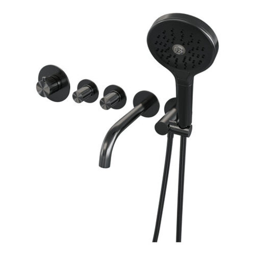 Brauer Brauer Stripe thermostatische inbouw badkraan SET 02 met uitloop en 3-standen handdouche en doucheslang en wandaansluitbocht gunmetal geborsteld PVD | Geborsteld gunmetal PVD | 3-standen handdouche