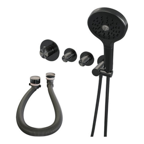 Brauer Brauer Stripe thermostatische inbouw badkraan SET 02 met badvulcombinatie en 3-standen handdouche en doucheslang en wandaansluitbocht gunmetal geborsteld PVD | Geborsteld gunmetal PVD | 3-standen handdouche