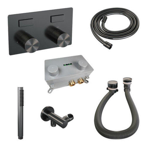 Brauer Brauer Stripe thermostatische inbouw badkraan met drukknoppen SET 03 met badvulcombinatie en staaf handdouche en doucheslang en wandaansluitbocht gunmetal geborsteld PVD | Geborsteld gunmetal PVD | Staafmodel