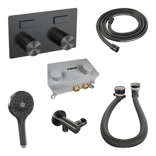 Brauer Brauer Stripe thermostatische inbouw badkraan met drukknoppen SET 04 met badvulcombinatie en 3-standen handdouche en doucheslang en wandaansluitbocht gunmetal geborsteld PVD | Geborsteld gunmetal PVD | 3-standen handdouche